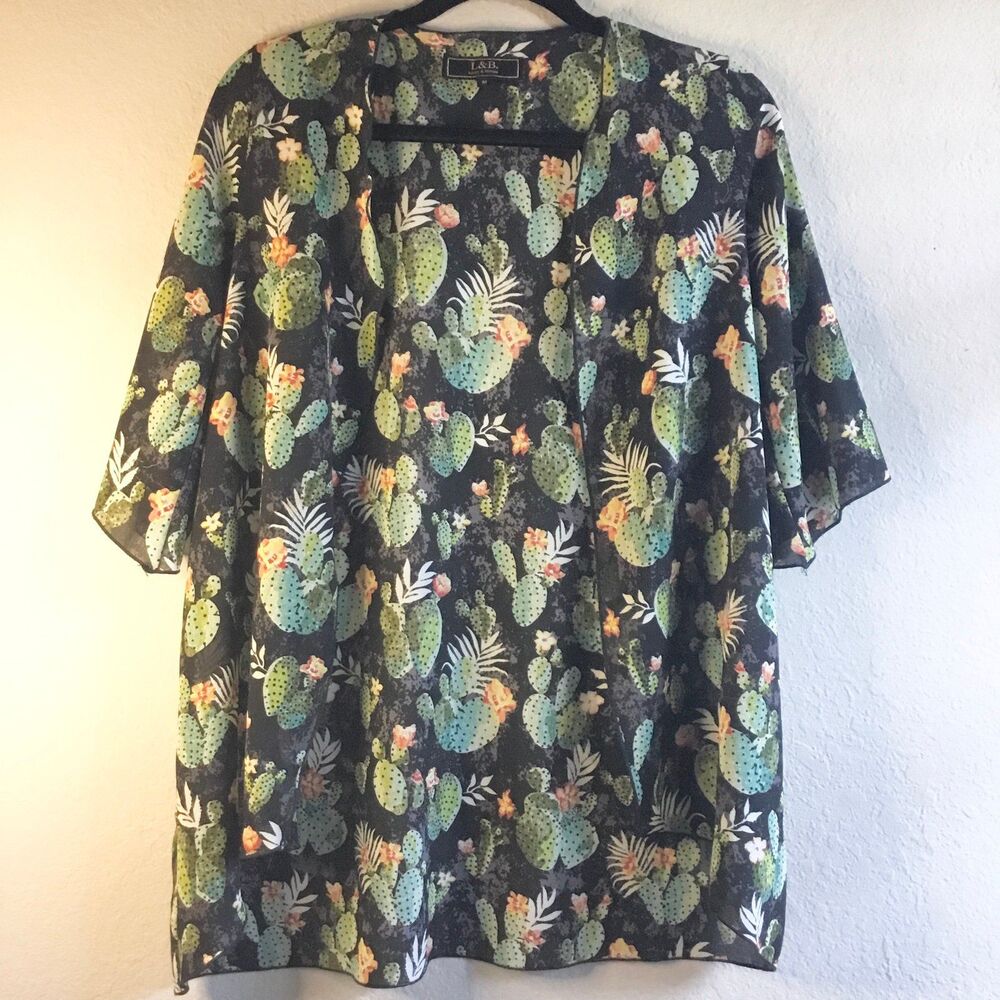 Semi sheer open front coverup duster kimono flowering cactus short sleeve boho M